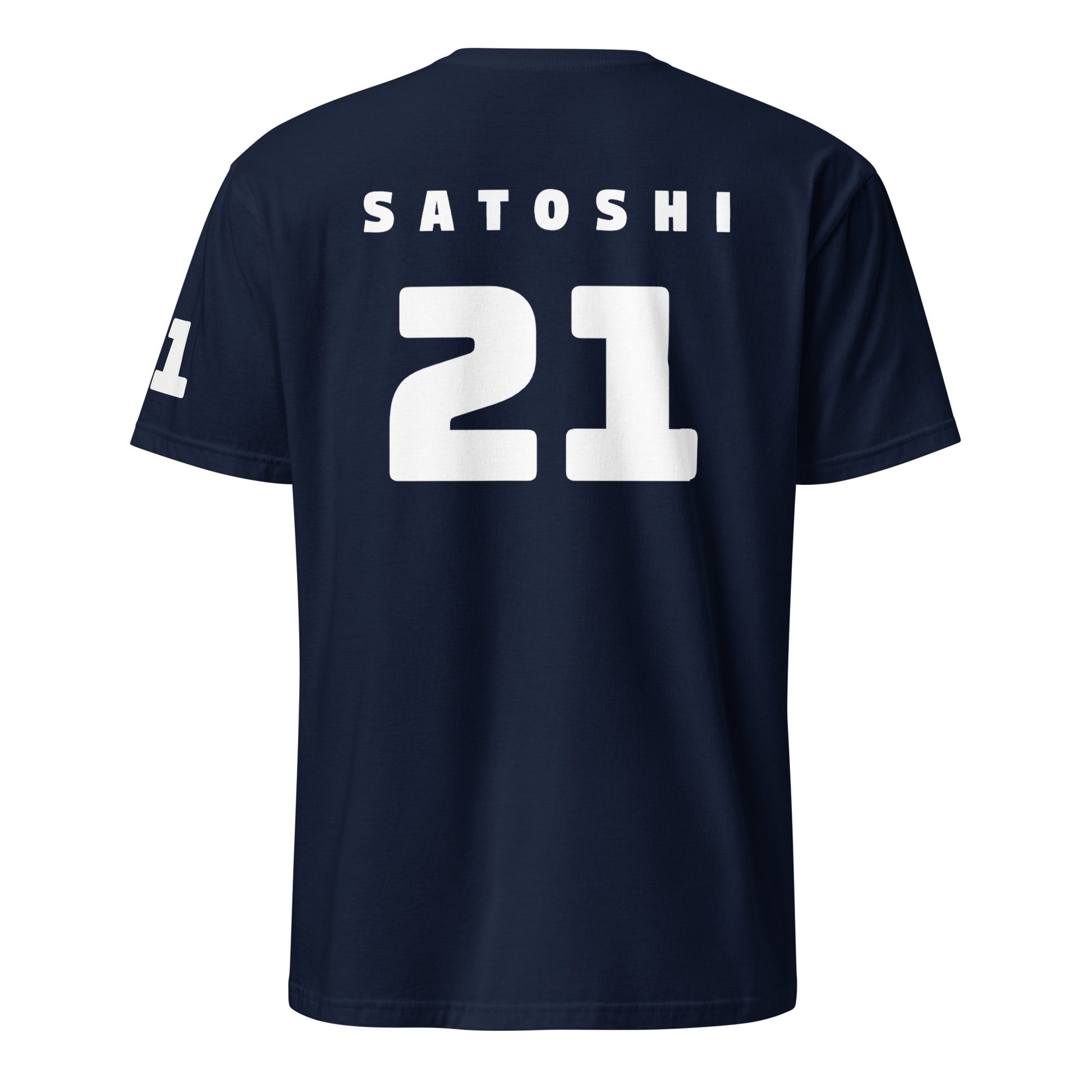 The Satoshi 21 T-Shirt is designed in navy blue, with "SATOSHI" prominently displayed in white capital letters across the top back. The number "21," representing Bitcoin's finite supply, is featured in a large white font below this and also appears on the right sleeve. This shirt embodies a straightforward and sporty style, capturing the lively spirit of Sydney.