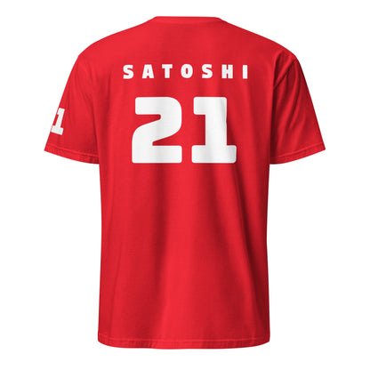 Introducing the Satoshi 21 T-Shirt: This red t-shirt prominently features "SATOSHI" in white on the top back, with a large white "21" centered below. Additionally, the upper left sleeve is adorned with a white number "21." Perfect for Bitcoin enthusiasts, this stylish piece is showcased against a plain white background.