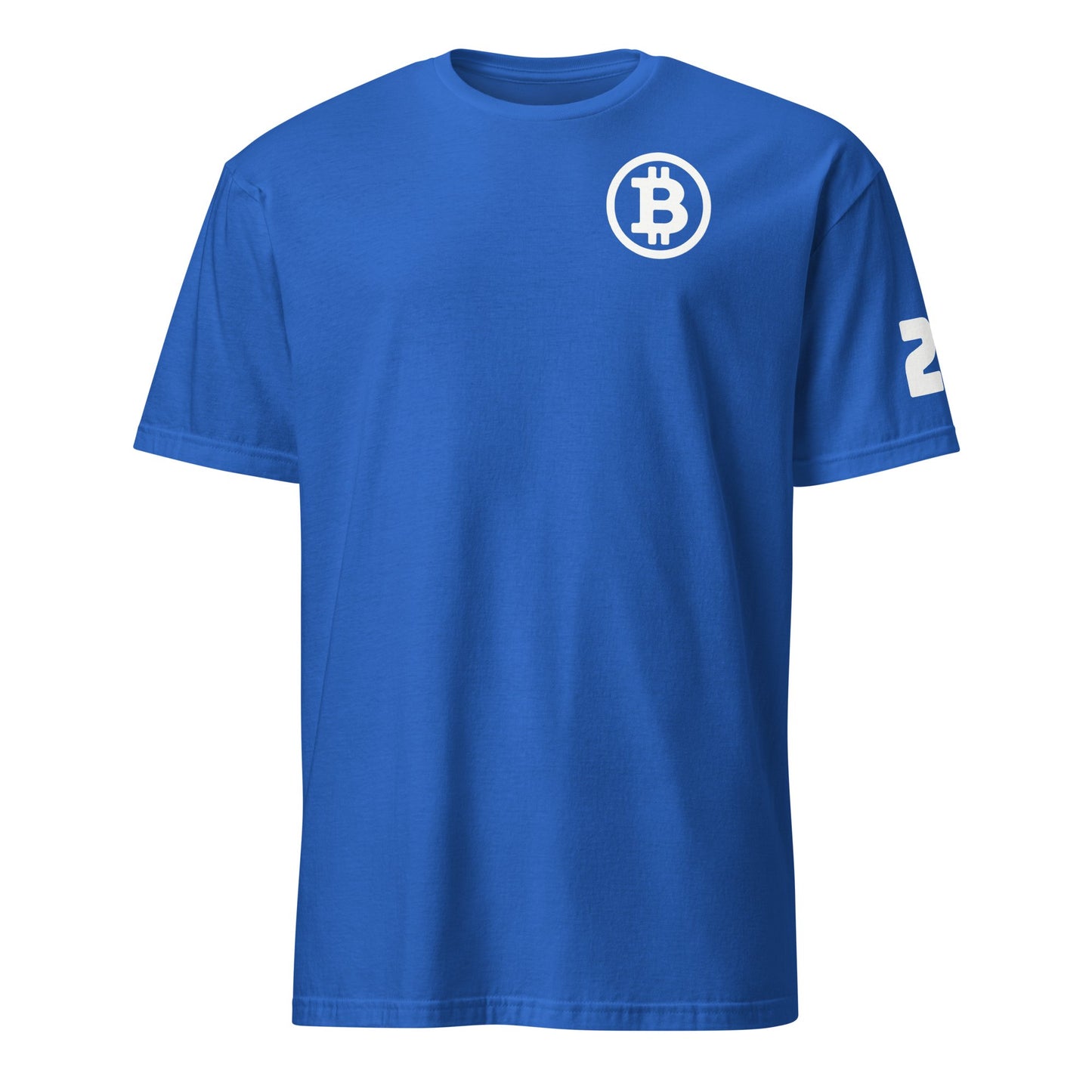 The Satoshi 21 T-Shirt is a blue shirt that sports a white Bitcoin logo on the upper left chest area. The short sleeves are adorned with a white letter "Z" or number "2" on the left sleeve. Its minimalist design and classic fit make it an ideal choice for any Bitcoin enthusiast in Sydney.