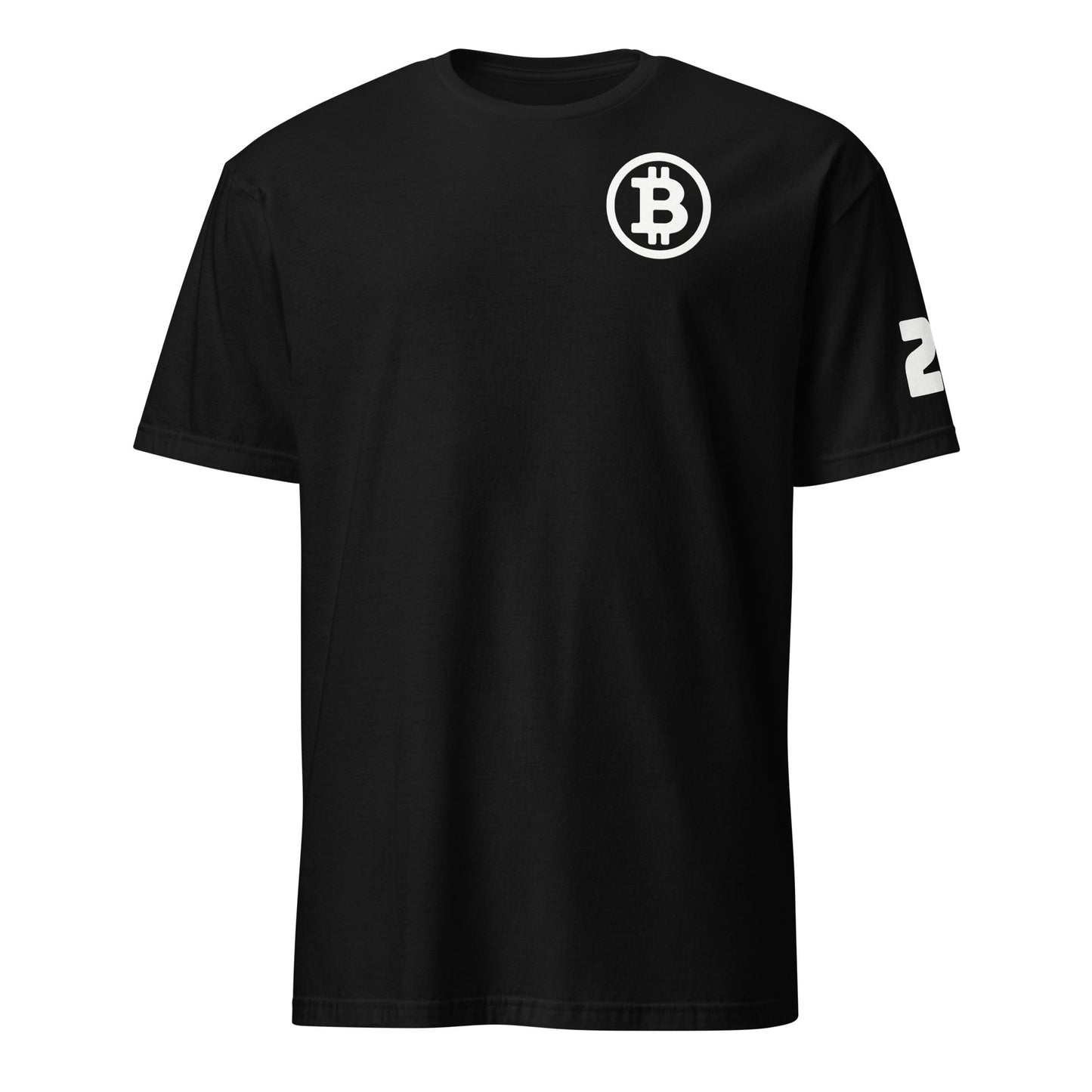 The Satoshi 21 T-Shirt is a black tee with a minimalist design, featuring a white Bitcoin symbol inside a circle on the upper left chest area and the number "21" in white on the right sleeve. This simple and sleek design is perfect for fans in Sydney or Brisbane, with no additional graphics or embellishments.