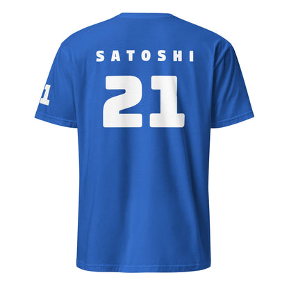 This blue Satoshi 21 T-Shirt showcases "Satoshi" in bold white letters across the back, with the number "21" prominently displayed below. A small white "21" embellishes the right sleeve, making it perfect for representing a team or sport and capturing the energy of cities like Sydney and Melbourne.