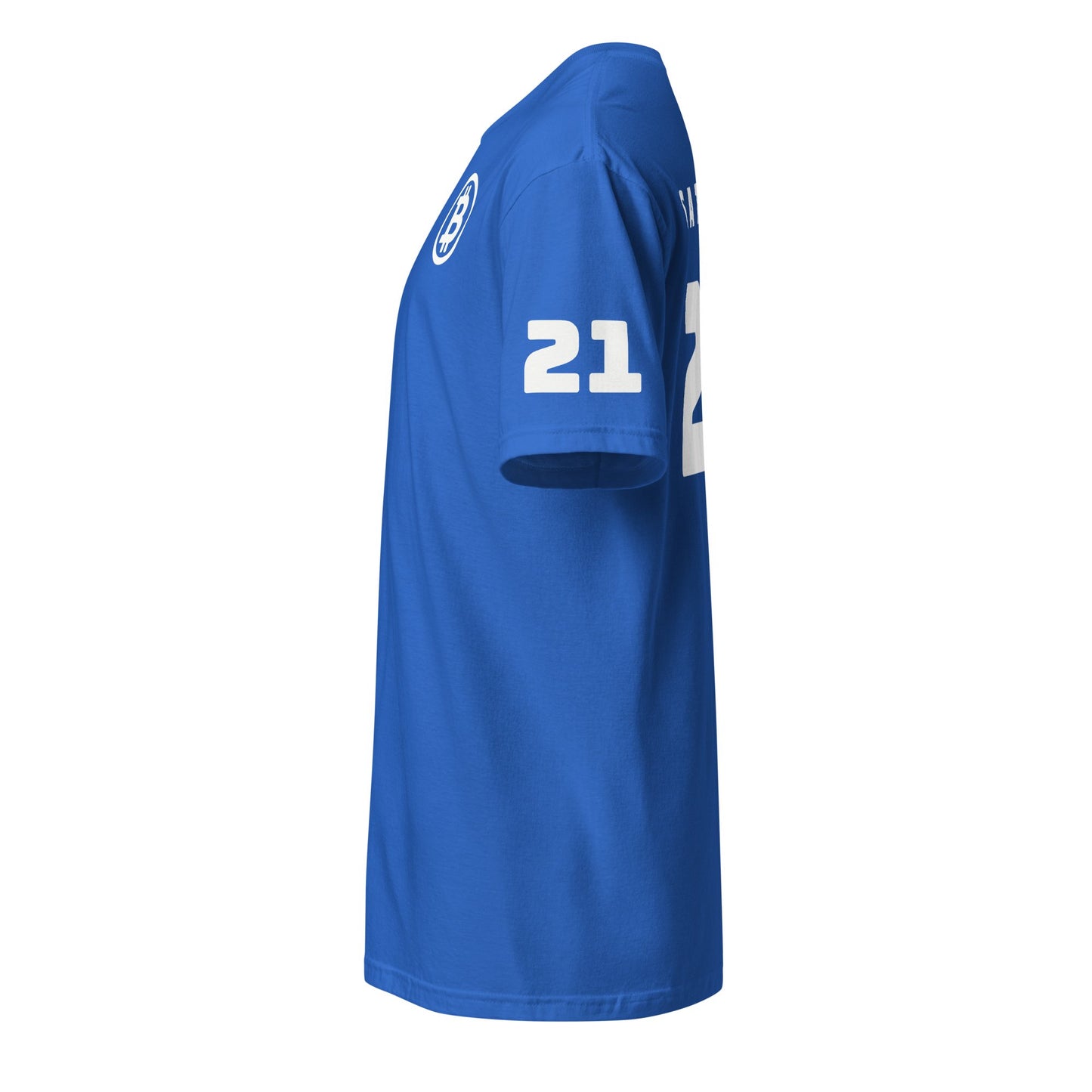 Side view of a royal blue Satoshi 21 T-Shirt, ideal for Sydney's vibrant sports scene. This shirt features the number "21" in white on the left sleeve and back, with a crew neck and short sleeves. A small white logo adorns the chest, and "MATRIXX" is printed above the number on the back.