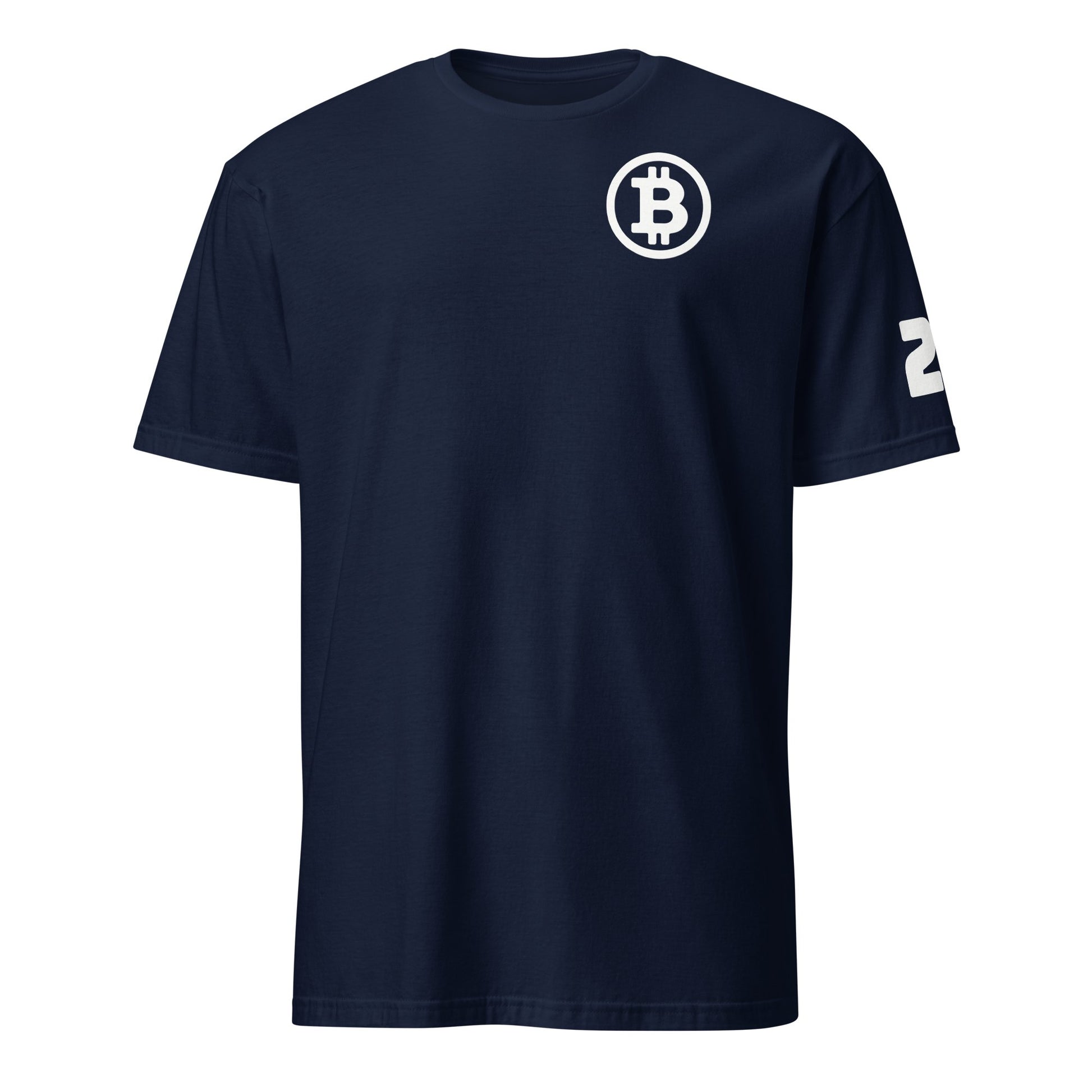 Introducing the Satoshi 21 T-Shirt: a dark blue tee adorned with a white Bitcoin symbol encircled on the upper left chest, ideal for fans in Sydney or Melbourne. The right sleeve prominently features the bold, stylized white number "21," and the shirt remains plain with no additional designs or embellishments.