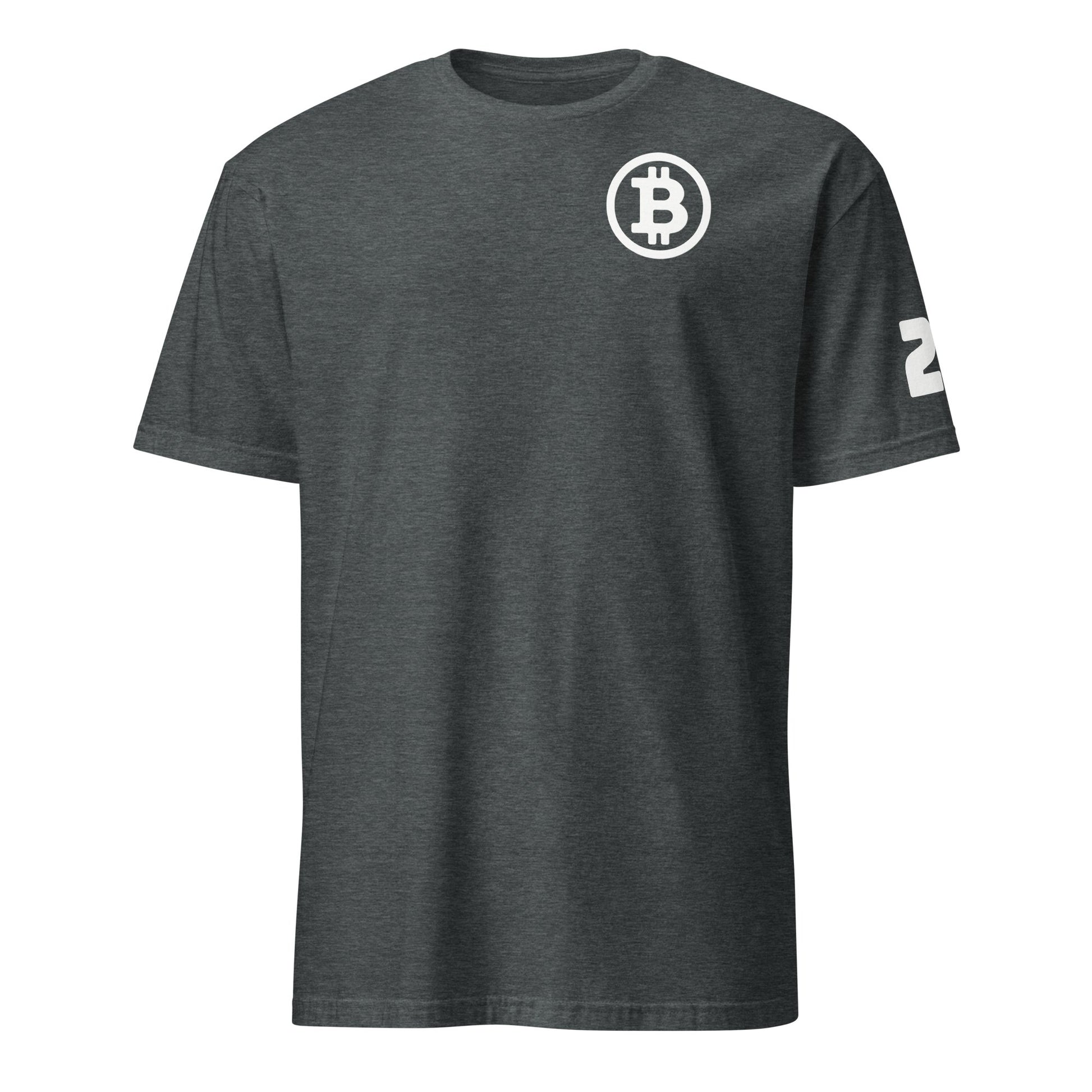 The Satoshi 21 T-Shirt features a white Bitcoin symbol on the upper left chest area of its dark gray fabric. The right sleeve is adorned with the number "21" in white, making it an ideal choice for fans in Sydney or Melbourne. It is presented against a plain white background.