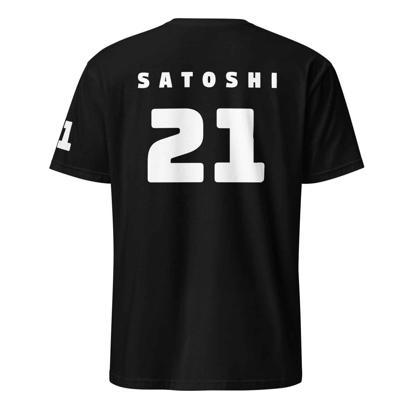 The Satoshi 21 T-Shirt is a black T-shirt featuring "SATOSHI" in bold white letters across the upper back and the number "21" displayed prominently below. The left sleeve also showcases the number "21." With a classic crew neck and short sleeves, it's perfect for Bitcoin enthusiasts in Sydney or Melbourne.