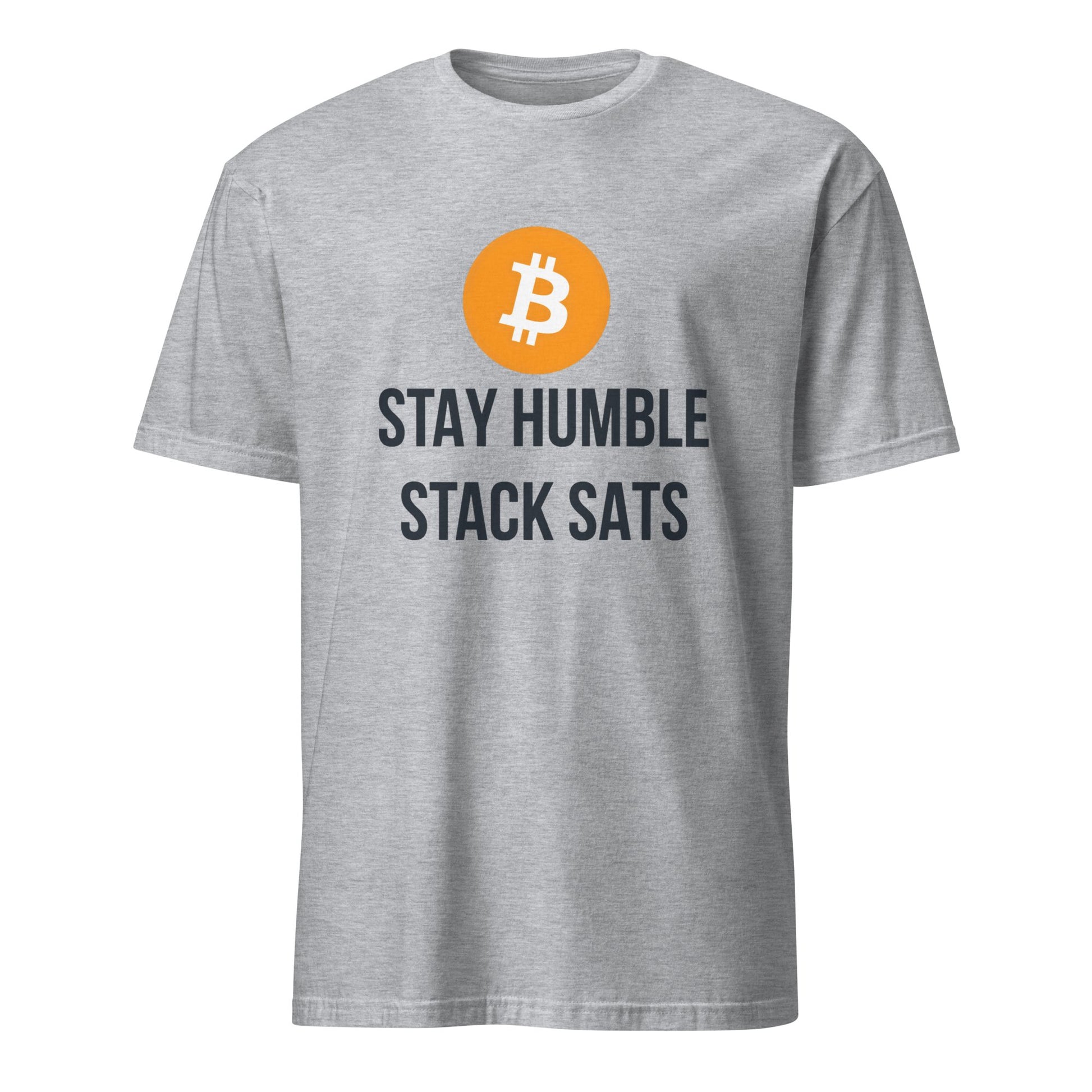 Stay Humble T-Shirt featuring a Bitcoin symbol in an orange circle above the bold, dark text "STAY HUMBLE STACK SATS." Ideal for cryptocurrency enthusiasts throughout Australia, from Melbourne to Brisbane.