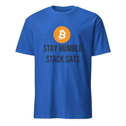 Stay Humble T-Shirt, a blue tee showcasing a prominent orange circle with a white Bitcoin symbol. The bold black text "STAY HUMBLE STACK SATS" underneath is ideal for Bitcoin enthusiasts in Melbourne or Brisbane.