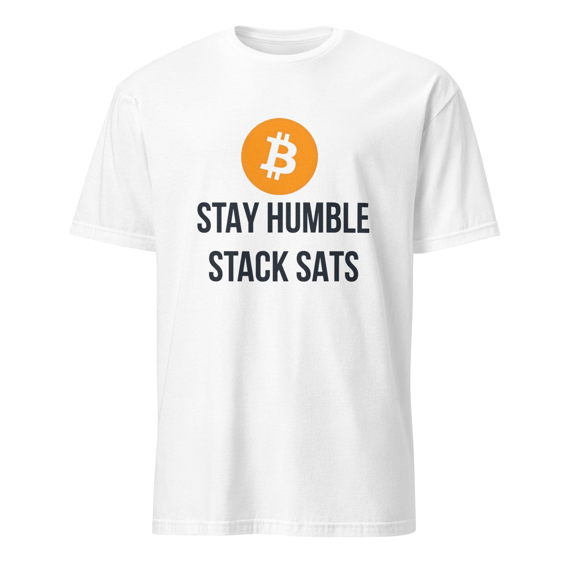 The Stay Humble T-Shirt features a bold design with a prominent orange circle containing the Bitcoin symbol. Underneath, the phrase "STAY HUMBLE STACK SATS" is displayed in striking black text. Set against a simple white background, this shirt embodies the trendy atmosphere of cities like Sydney or Brisbane.