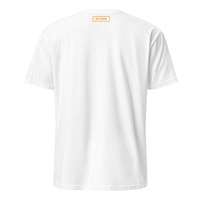 The Stay Humble T-Shirt, viewed from the back, showcases a subtle "BITCOIN" label in yellow and black text at the top center. Featuring short sleeves, this minimalist design embodies a modern Aussie vibe, making it ideal for leisurely walks through Brisbane or embracing Sydney's fashion scene.