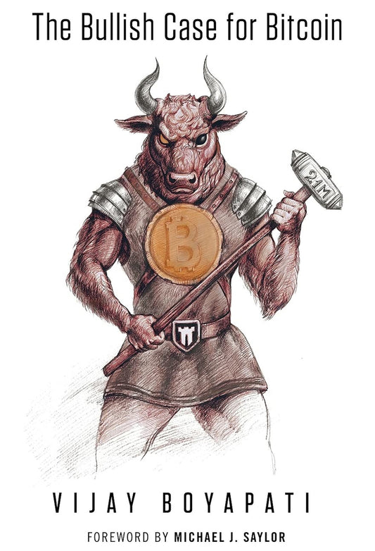 An illustration of a muscular, anthropomorphic bull clad in medieval armor, holding a sledgehammer labeled "21M". The bull's armor features a large Bitcoin symbol on the chest. The text above reads "The Bullish Case for Bitcoin" and below reads "Vijay Boyapati with a foreword by Michael J. Saylor." This powerful image underscores Bitcoin as both a long-term investment.The entire artwork showcases the product from UTXO Dreams called "The Bullish Case for Bitcoin.