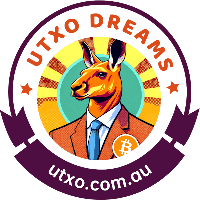 Illustration of a kangaroo in a brown suit and blue tie, adorned with a Bitcoin symbol on the lapel, set against a sunburst backdrop that captures an Australian essence. The phrase "UTXO DREAMS" is elegantly arched at the top, with "utxo.com.au" displayed below in lively purple and orange highlights that add a hint of Sydney allure. This scene perfectly encapsulates the UTXO Dreams Gift Card.