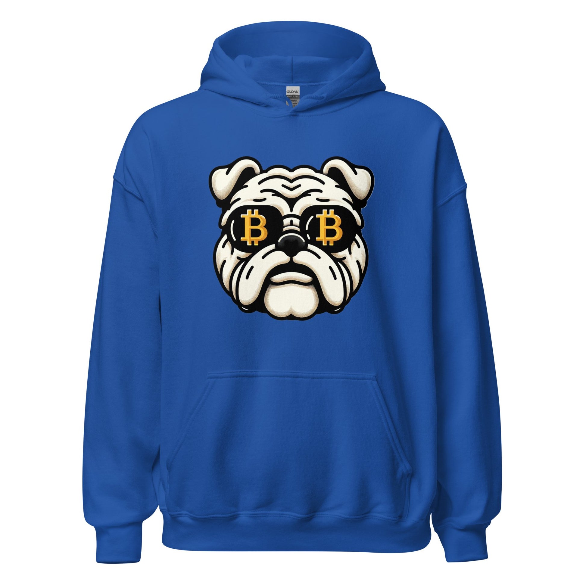 Blue "Bitcoin Bulldog" Unisex Hoodie with a graphic design of a fierce "Bitcoin Bulldog" wearing glasses with bitcoin (btc) symbols, embodying Bitcoin Enthusiasm by UTXO Dreams.