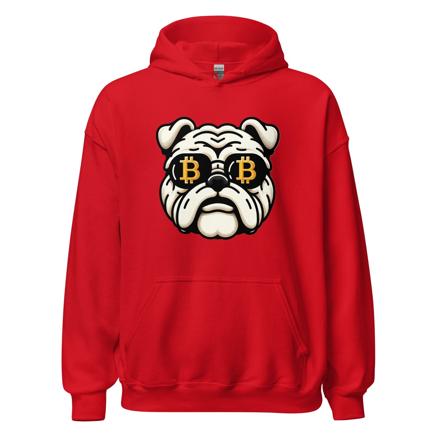 A red UTXO Dreams Bitcoin Bulldog Unisex Hoodie featuring a graphic of a bulldog with dollar-sign eyes and a bitcoin logo on its forehead.