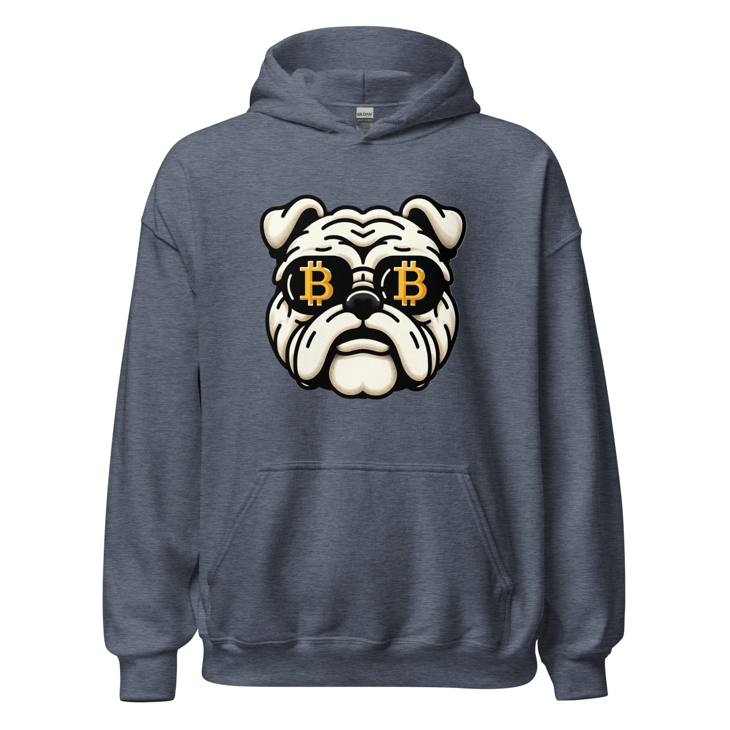 UTXO Dreams' Bitcoin Bulldog Unisex Hoodie is perfect for showcasing your Bitcoin enthusiasm with its graphic of a bulldog with Bitcoin symbols for eyes.