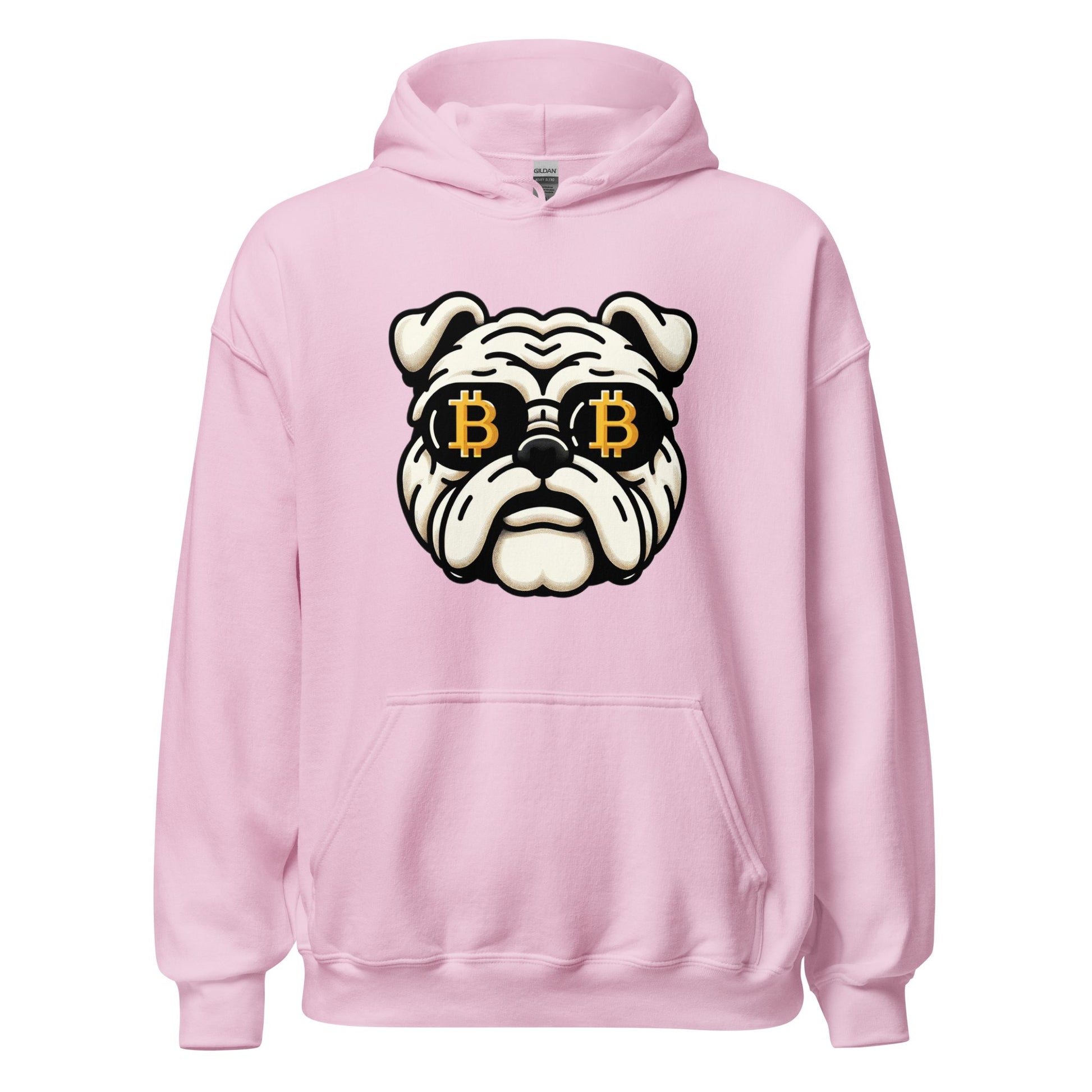 A pink UTXO Dreams Bitcoin Bulldog Unisex Hoodie featuring a graphic of a bulldog with gold-rimmed glasses and the bitcoin logo on the lenses, embodying Bitcoin Enthusiasm.