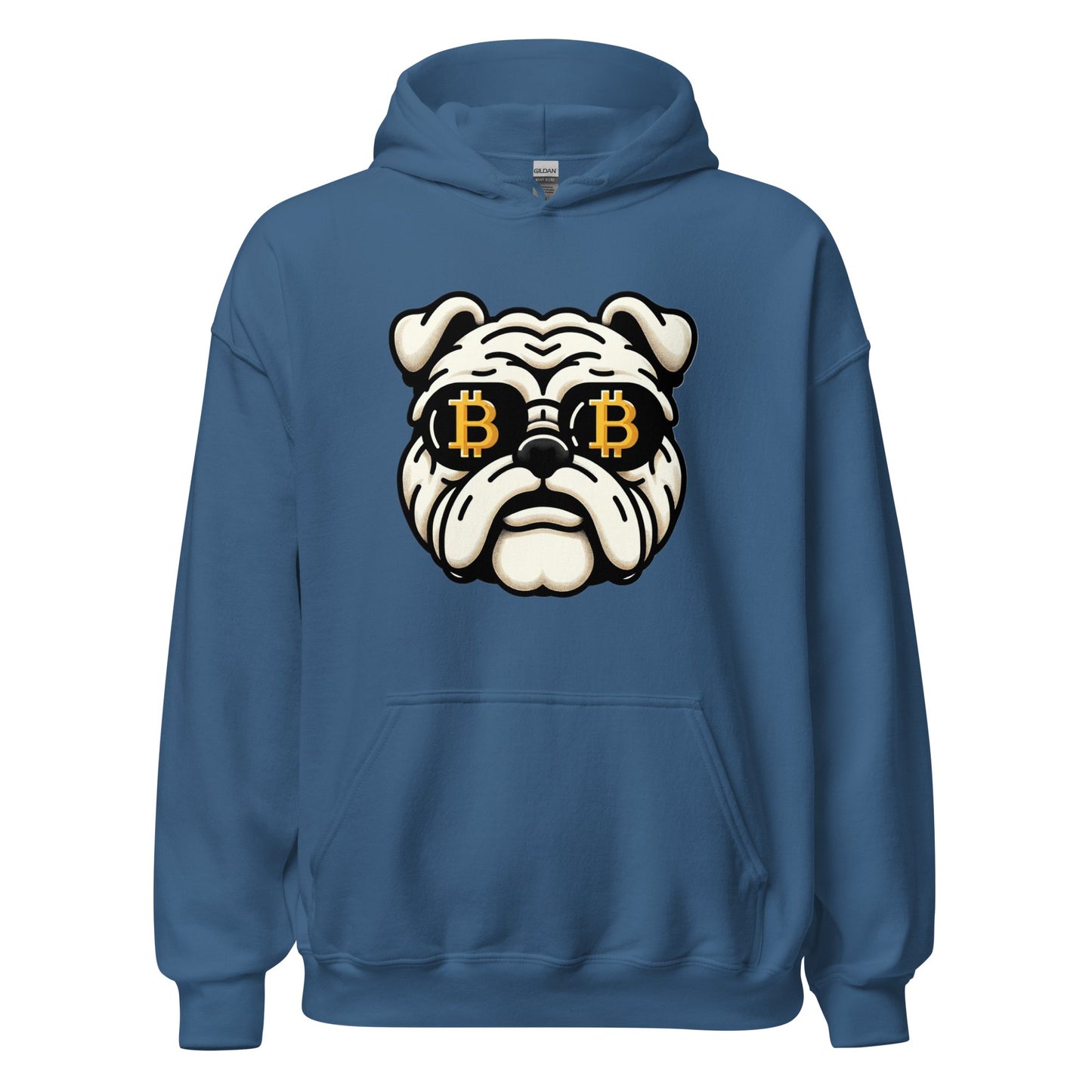 Blue UTXO Dreams Bitcoin Bulldog Unisex Hoodie featuring a graphic of a stylized bulldog with bitcoin symbols for eyes, embodying Bitcoin Bulldog Hoodie enthusiasm.