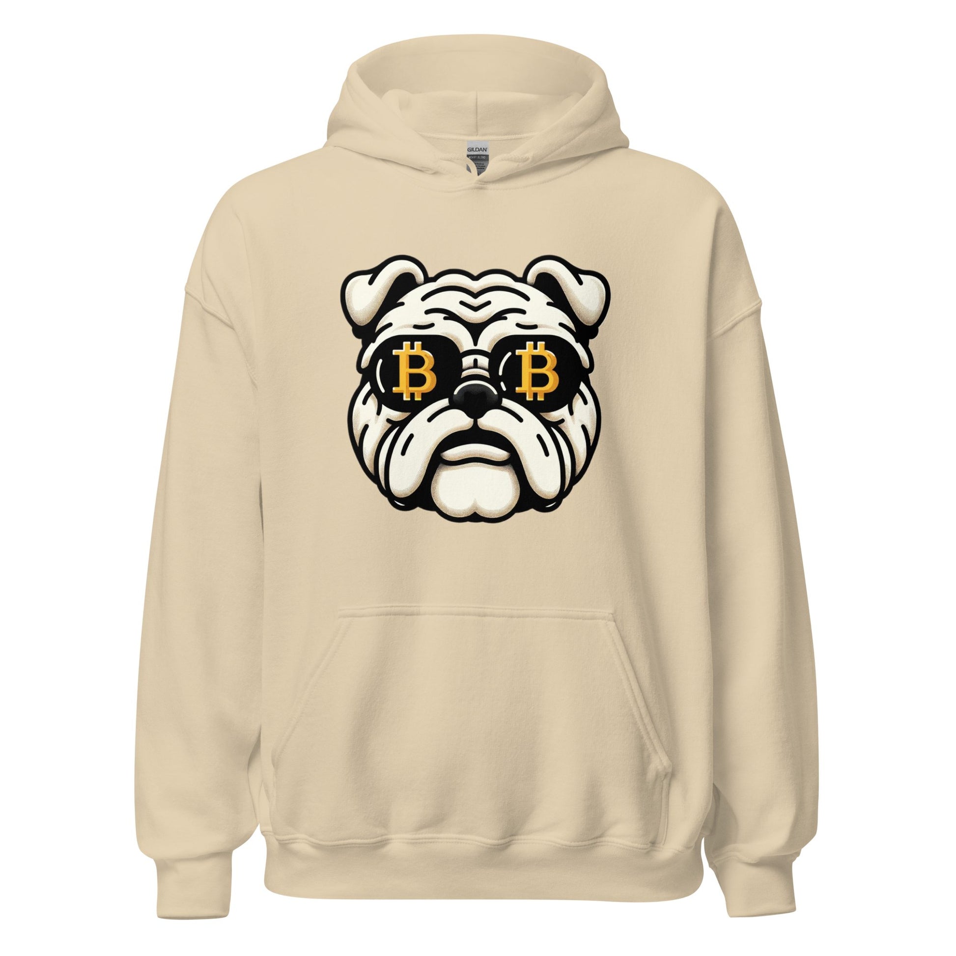 A beige UTXO Dreams Bitcoin Bulldog Unisex Hoodie featuring a graphic of a stylized bulldog's face wearing glasses with the bitcoin logo on the lenses.