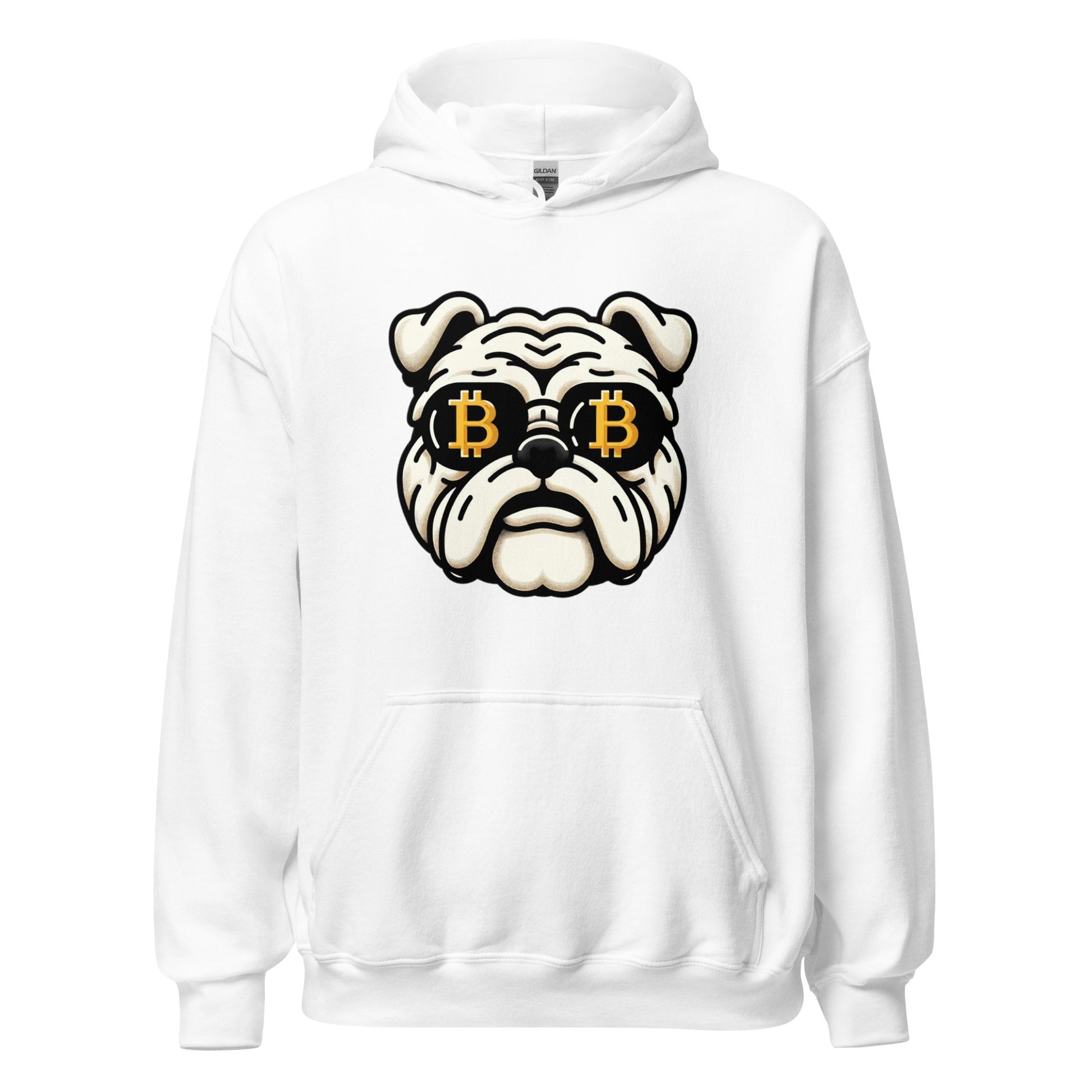 A white Bitcoin Bulldog Unisex Hoodie from UTXO Dreams with a graphic of a stylized bulldog wearing glasses with bitcoin logos on the lenses, embodying UTXO Dreams.