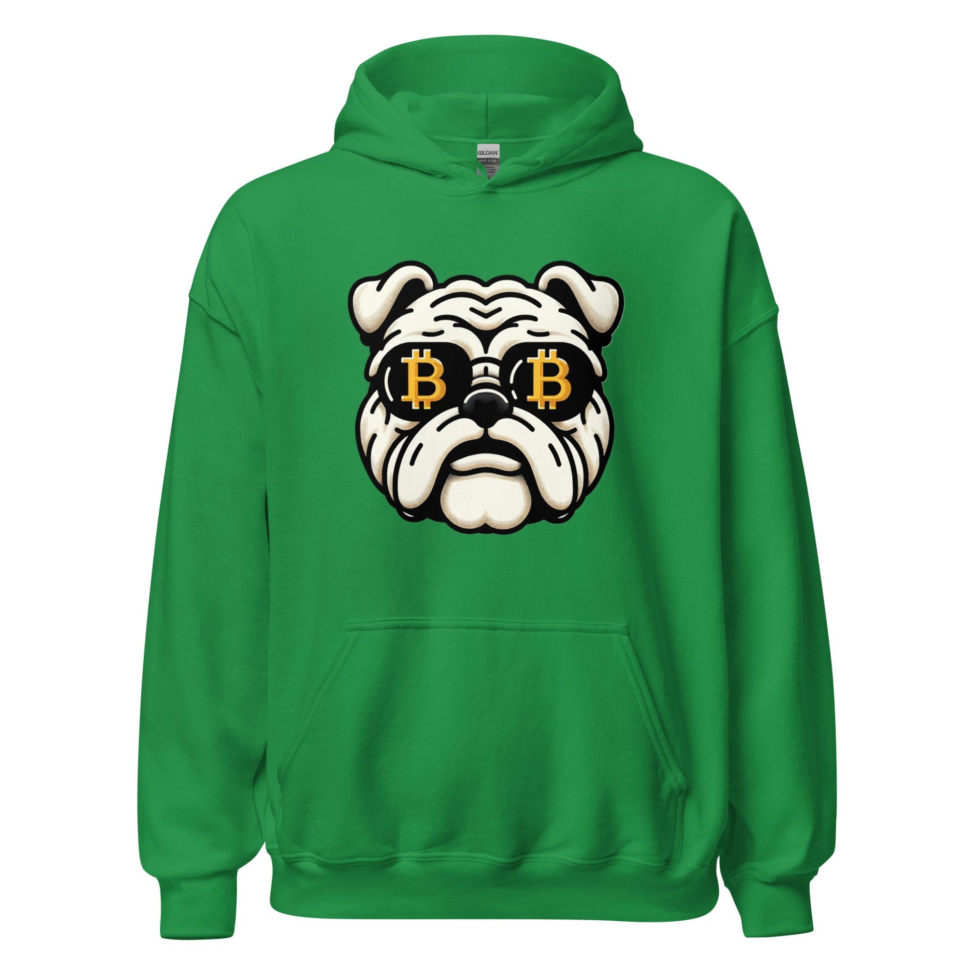 UTXO Dreams' Bitcoin Bulldog Unisex Hoodie features a graphic of a bulldog with bitcoin symbols for eyes, embodying Bitcoin enthusiasm.