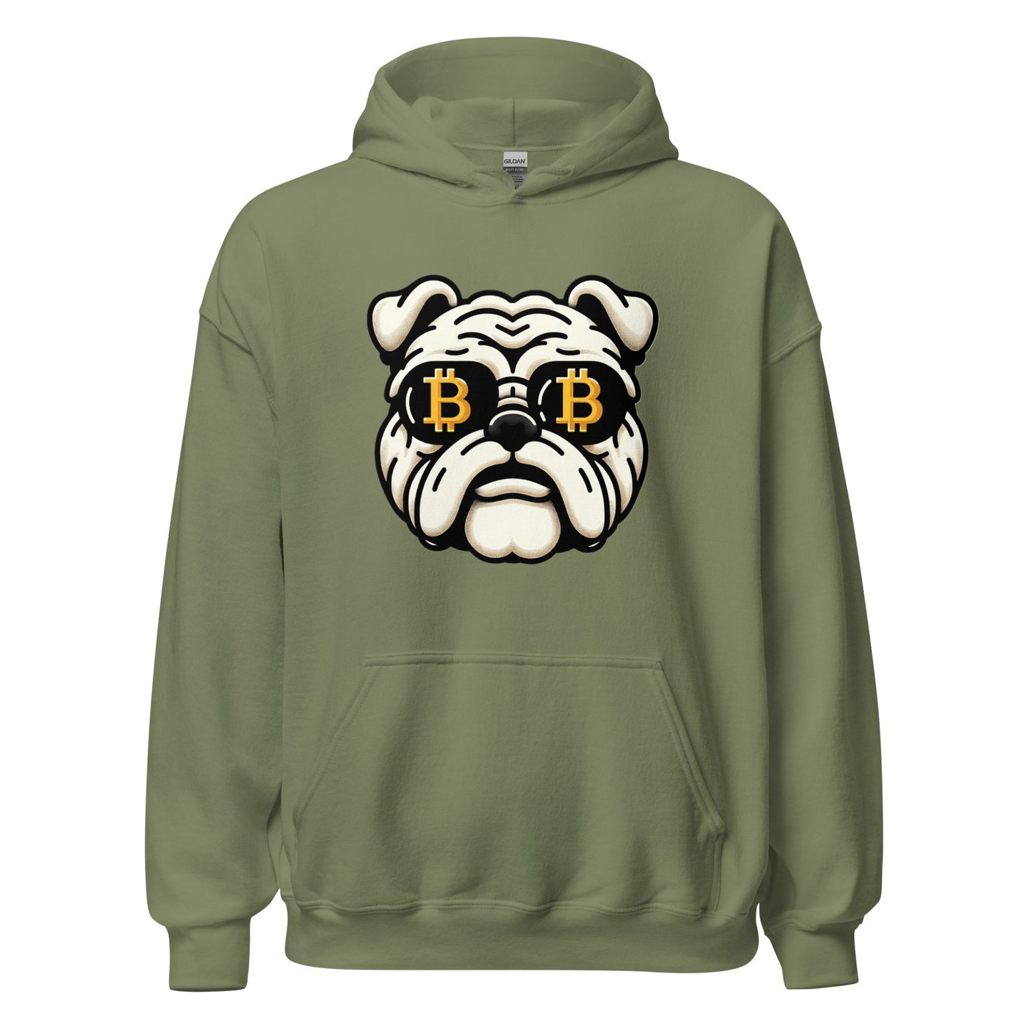 Olive green Bitcoin Bulldog Unisex Hoodie by UTXO Dreams featuring a graphic of a stylized Bitcoin Bulldog with bitcoin symbols for eyes, perfect for showcasing your Bitcoin enthusiasm.