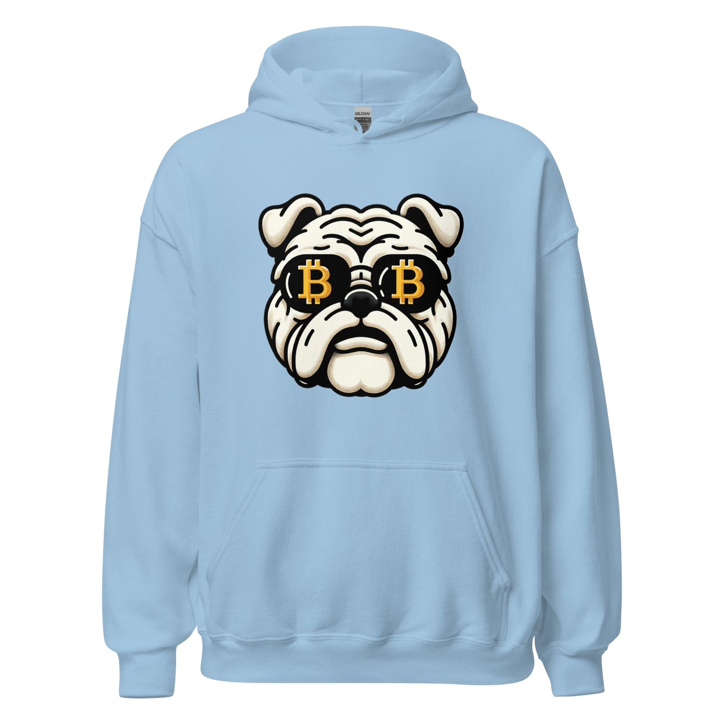 A light blue Bitcoin Bulldog Unisex Hoodie featuring a graphic of a stylized bulldog with bitcoin symbols for eyes, perfect for showcasing your UTXO Dreams enthusiasm.