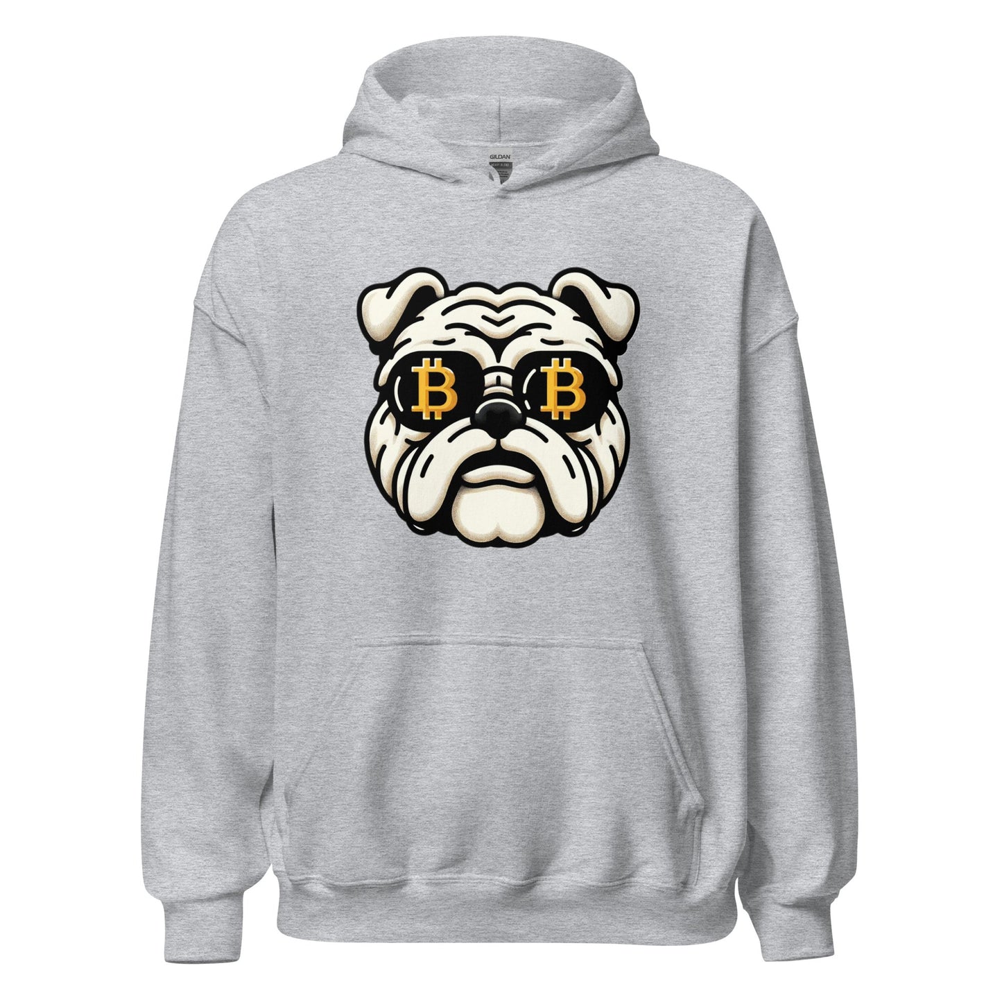 A grey hoodie featuring a graphic of a bulldog with bitcoin symbols as eyes, representing a fusion of pet love and Bitcoin enthusiasm. - The Bitcoin Bulldog Unisex Hoodie by UTXO Dreams.