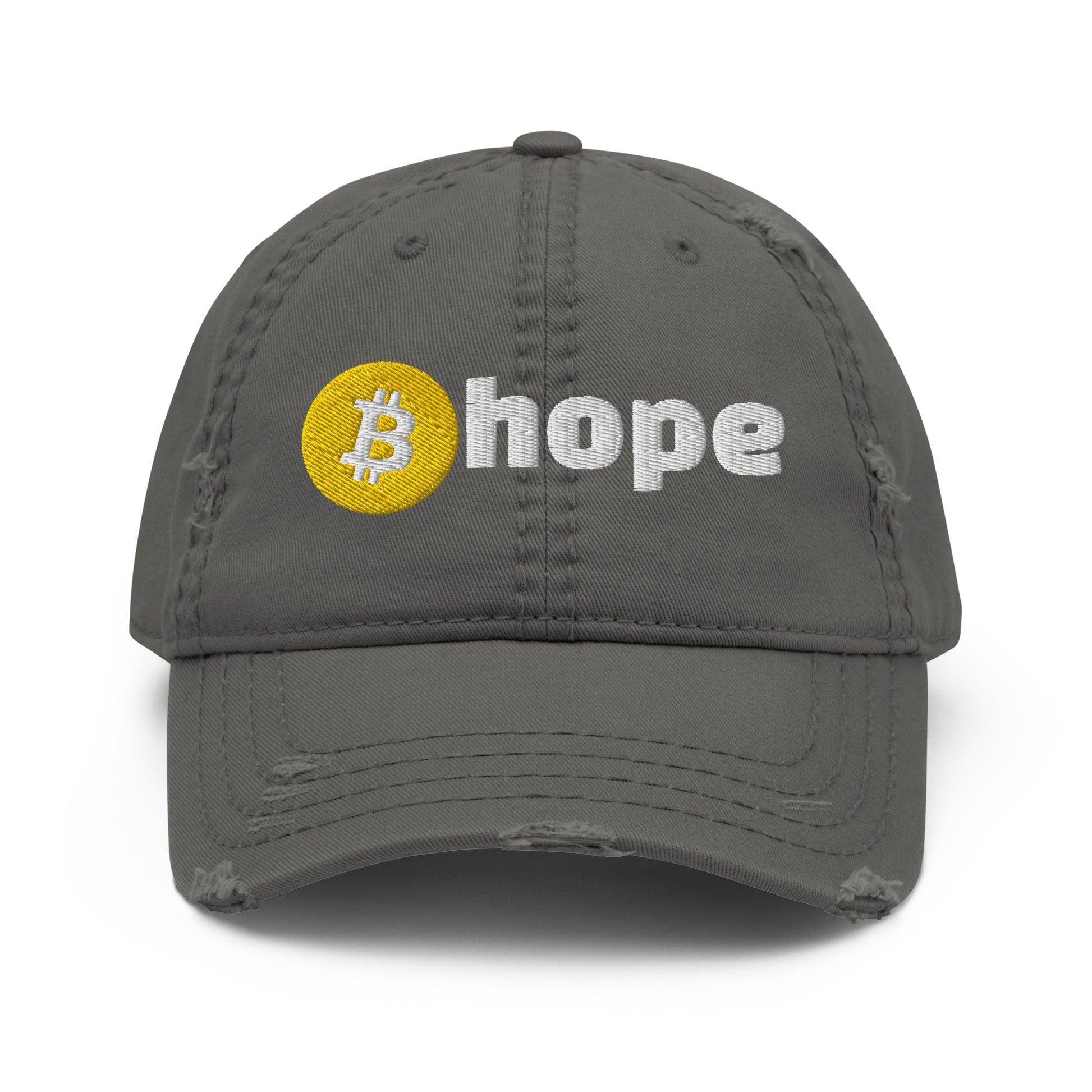 The Bitcoin Hope Casual Cap from UTXO Dreams features a gray design with frayed edges, showcasing a vibrant yellow Bitcoin logo next to the word "hope" embroidered in white. The prominent display of the Bitcoin symbol on the left adds both style and significance to this cap.