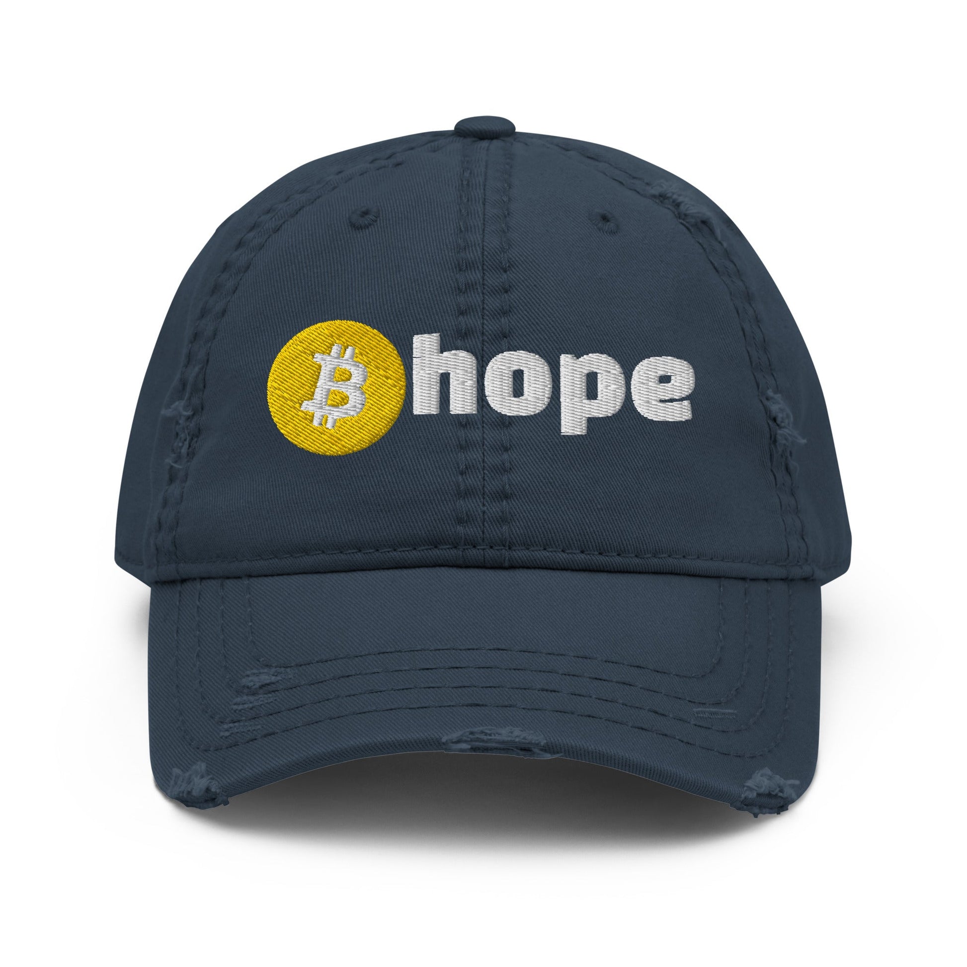 The Bitcoin Hope Casual Cap by UTXO Dreams, in dark blue with distressed edges, showcases the word "hope" on the front. The letter "o" is creatively replaced by a stylized yellow Bitcoin logo, offering a unique twist for any enthusiast.