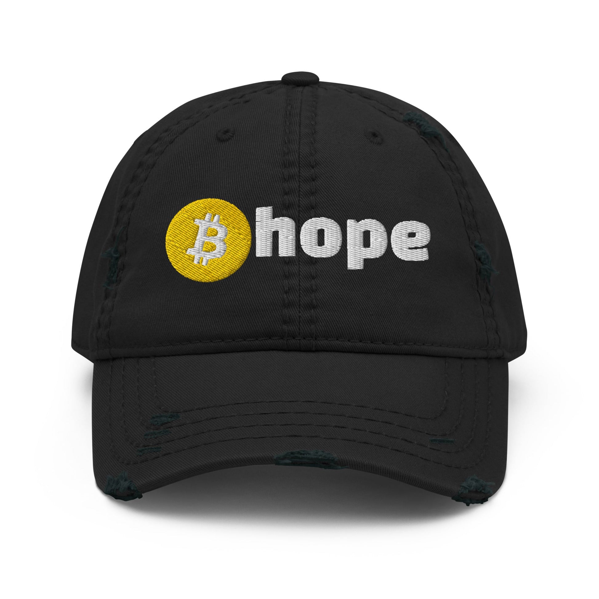 Introducing the "Bitcoin Hope Casual Cap" by UTXO Dreams: This black cap features subtle distressing on the brim and showcases "hope" prominently on the front. The letter "o" is creatively replaced with a yellow circle containing a white Bitcoin symbol, seamlessly merging modern fashion with a cryptocurrency twist in this stylish dad hat.