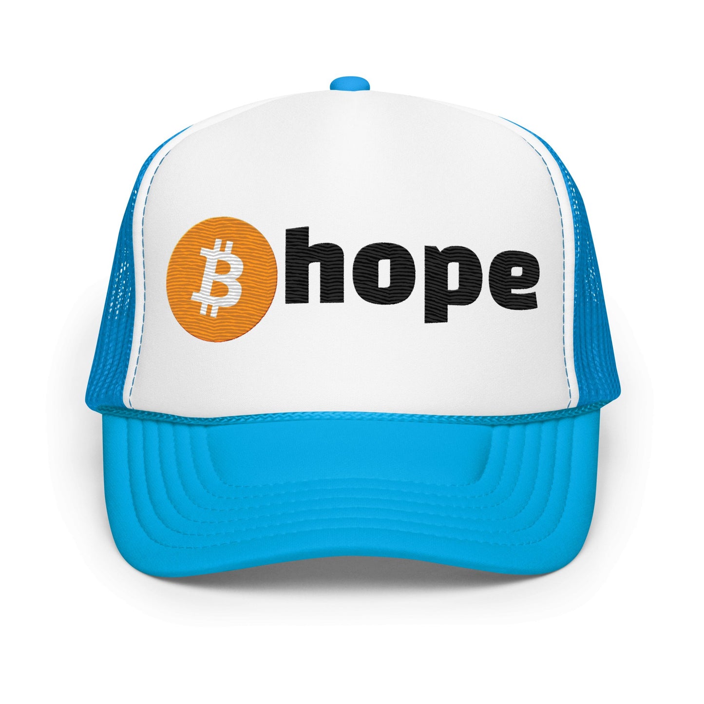 A blue and white high-profile trucker hat with the word "hope" written on it, where the "o" is replaced by a Bitcoin logo.
Product Name: Bitcoin Hope Trucker Hat
Brand Name: UTXO Dreams