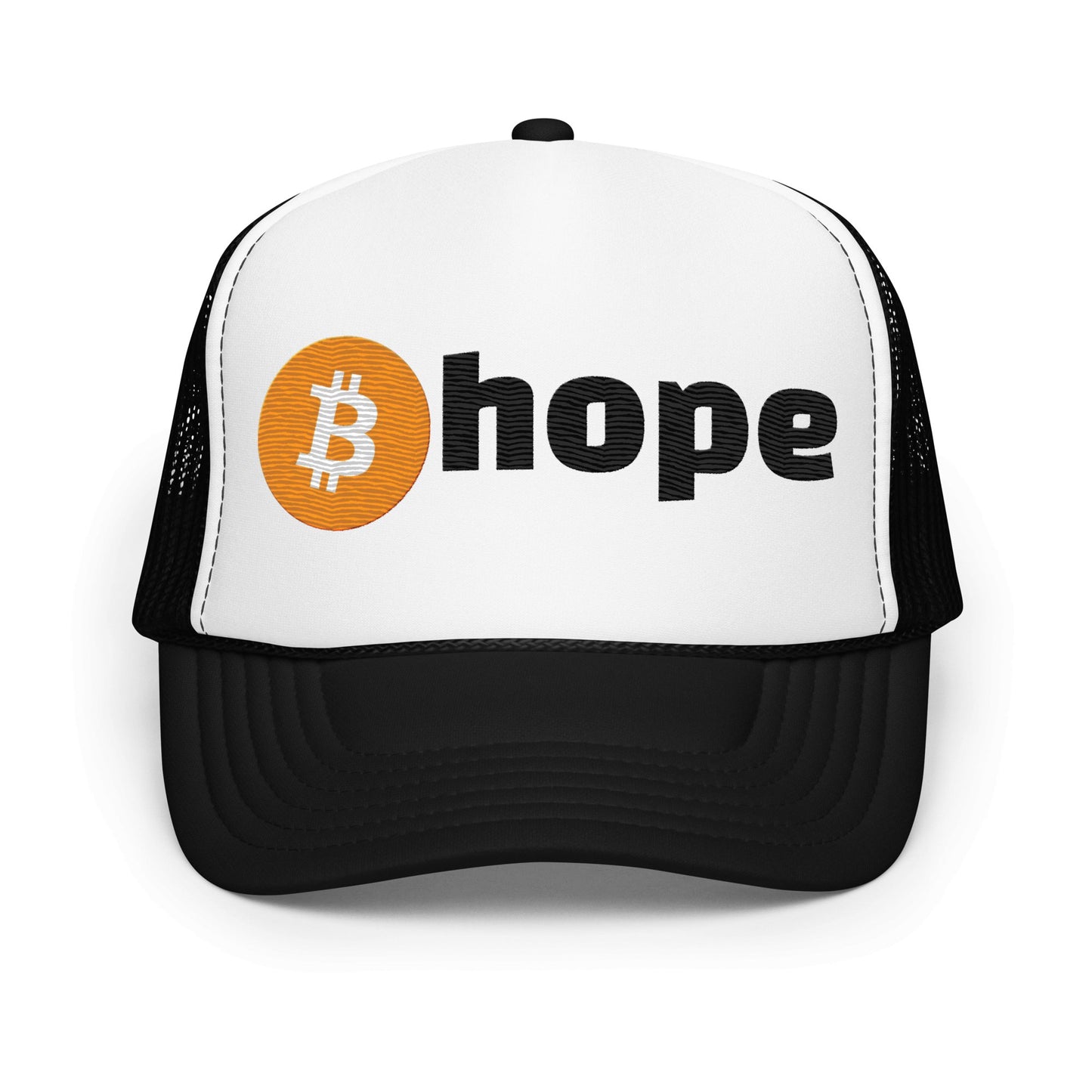 A stylish two-tone foam trucker hat with the Bitcoin Hope logo and the word "hope" embroidered on the front panel, representing optimism in the cryptocurrency from UTXO Dreams.