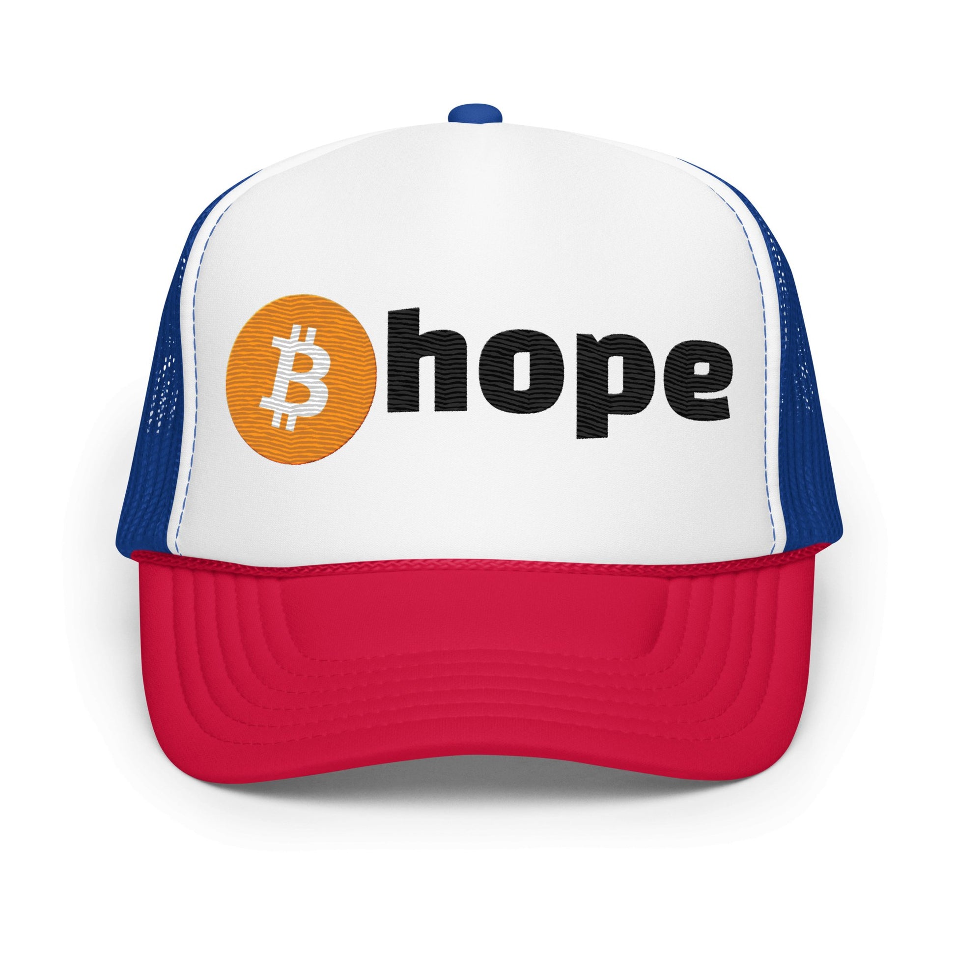 A white, blue, and red high-profile trucker cap with a Bitcoin Hope Trucker Hat logo and the word "hope" embroidered on the front by UTXO Dreams.