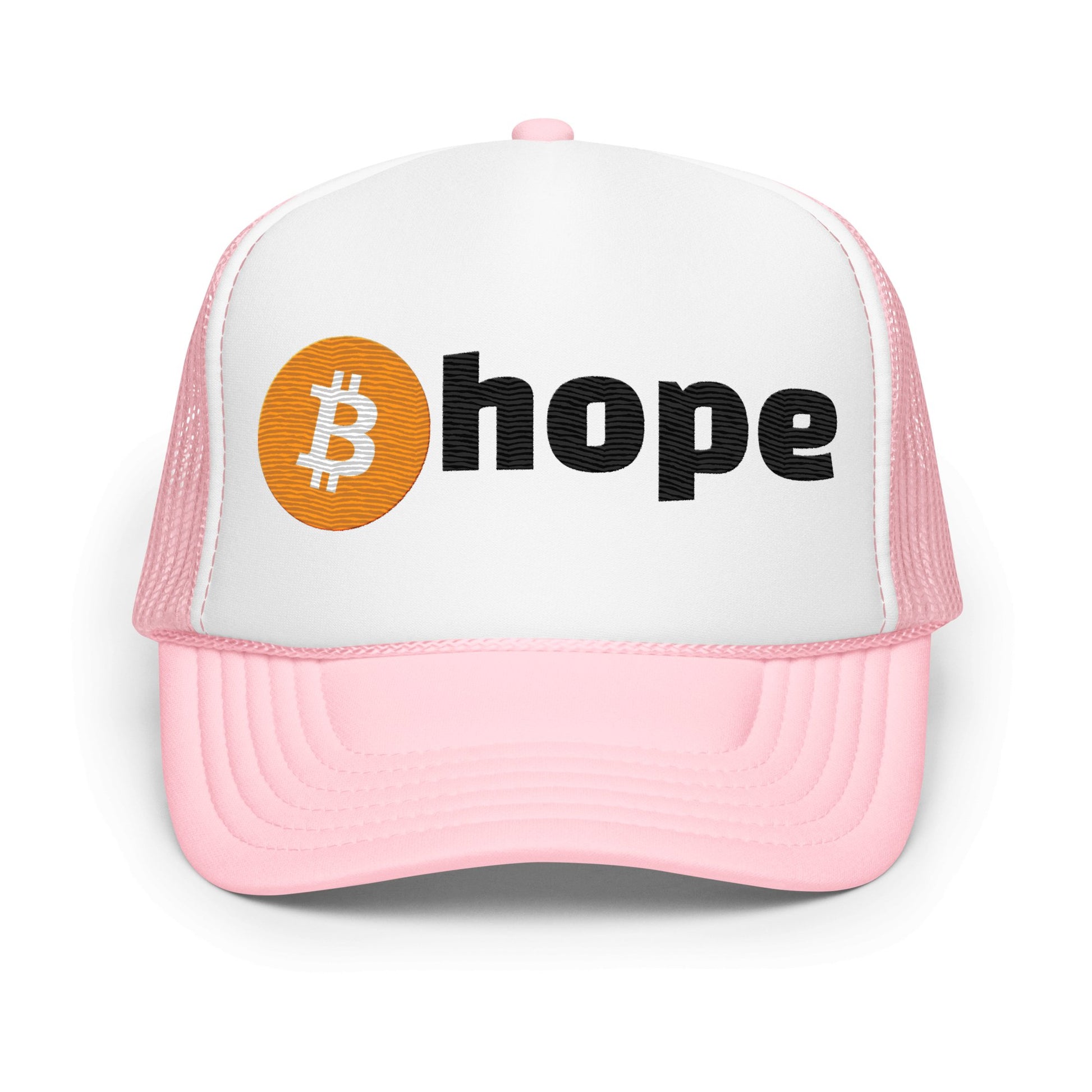 A white and pink foam UTXO Dreams trucker hat with the word "hope" next to a Bitcoin logo, blending cryptocurrency enthusiasm with a message of optimism.