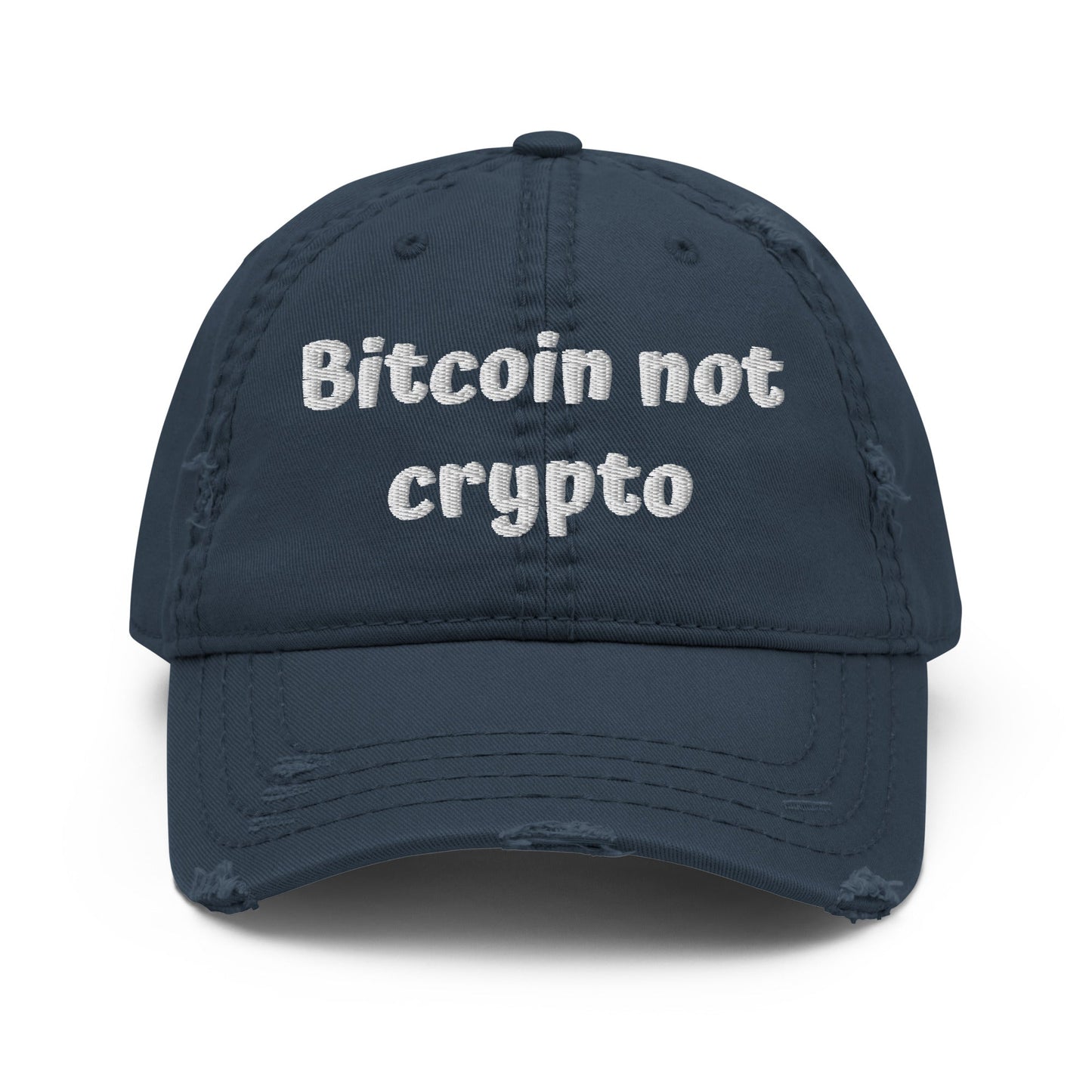 Sentence with replaced product:

A navy blue Bitcoin not Crypto Hat with the phrase "bitcoin not crypto" embroidered in white text by UTXO Dreams.