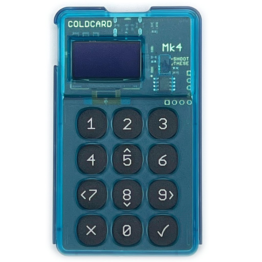 A Coinkite Coldcard Mk4 Bitcoin hardware wallet designed for securely storing cryptocurrency assets, featuring a numeric keypad and a small screen, enclosed in a transparent blue casing.